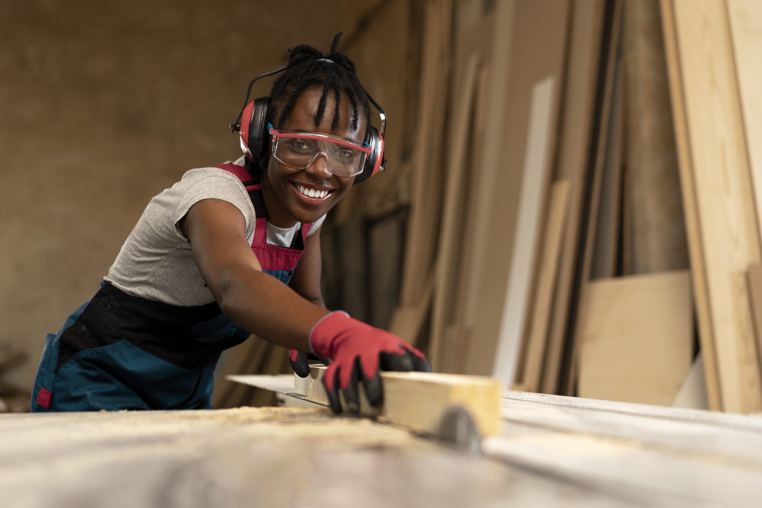Carpenter cutting an MDF board in a furniture workshop